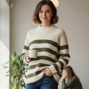 BeCool Sweater Tight Knit Mockneck Pullover Cream Stripe Cabin Lounge Women S/M